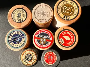 8 Old Wooden Cotton Reels with Lovely Labels. (4)