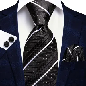 Hi-Tie Black Strip with White Dot Necktie Pocket Square Cufflinks Set