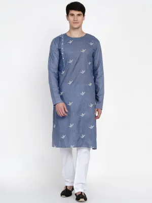 Men Blue Angrakha Pure Cotton Kurta with Pyjamas