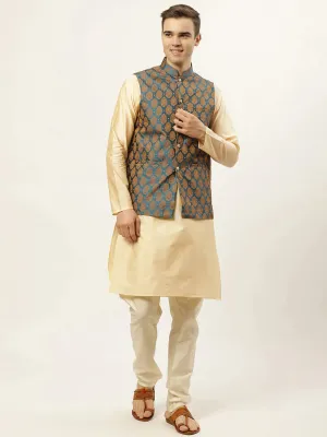 Men'S Golden Dupion Silk Kurta With Churidar & Nehru Jacket