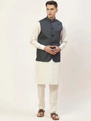 Men'S Kurta Pyjama With Teal Blue Solid Nehru Jacket